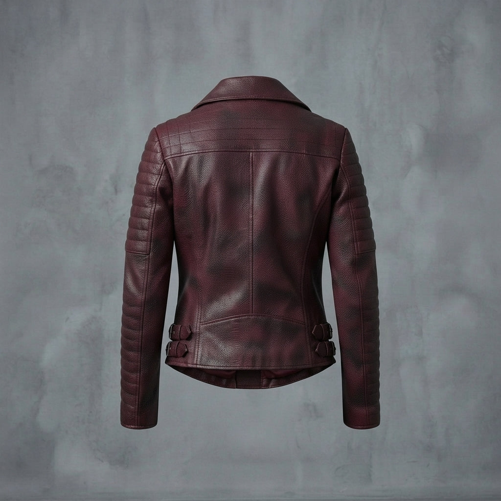Women's Maroon Distressed Leather Jacket