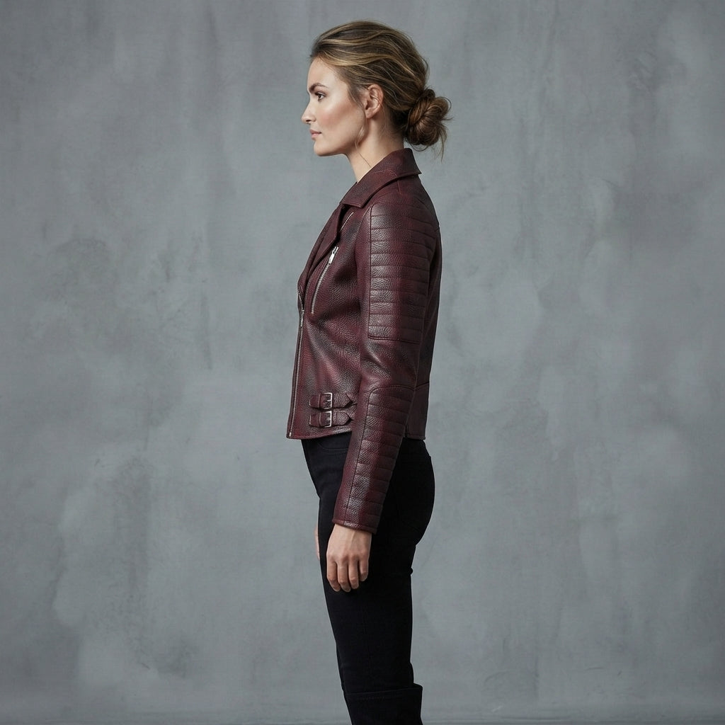 Women's Maroon Distressed Leather Jacket
