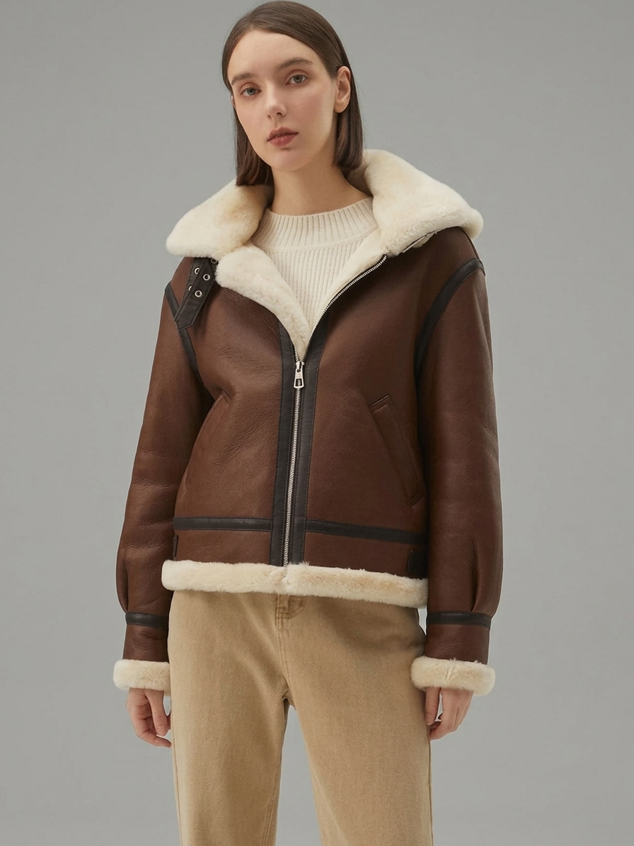 Women's Brown Shearling Aviator Jacket