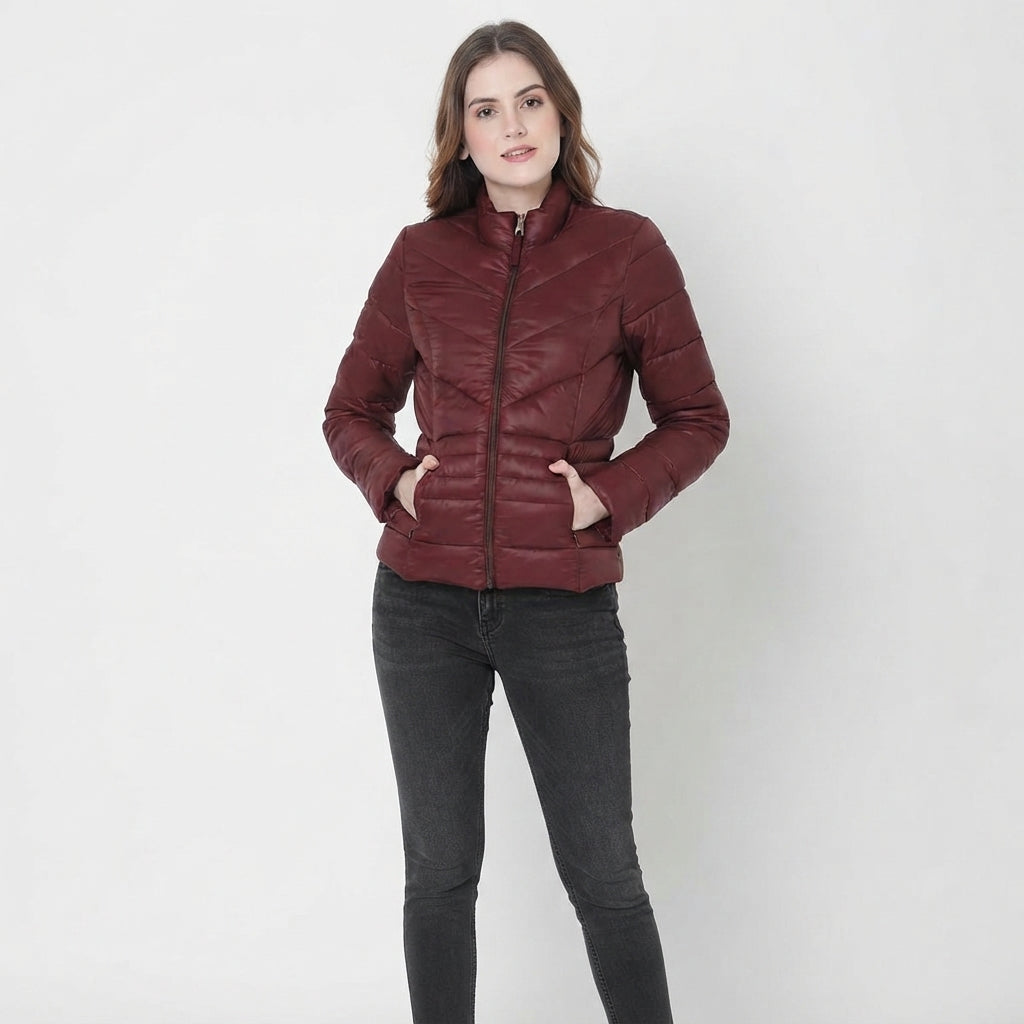 Women's Wine Red Quilted Leather Puffer Jacket