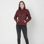 Women's Wine Red Quilted Leather Puffer Jacket