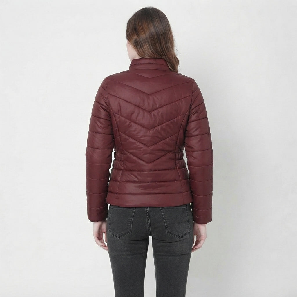 Women's Wine Red Quilted Leather Puffer Jacket