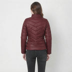 Women's Wine Red Quilted Leather Puffer Jacket