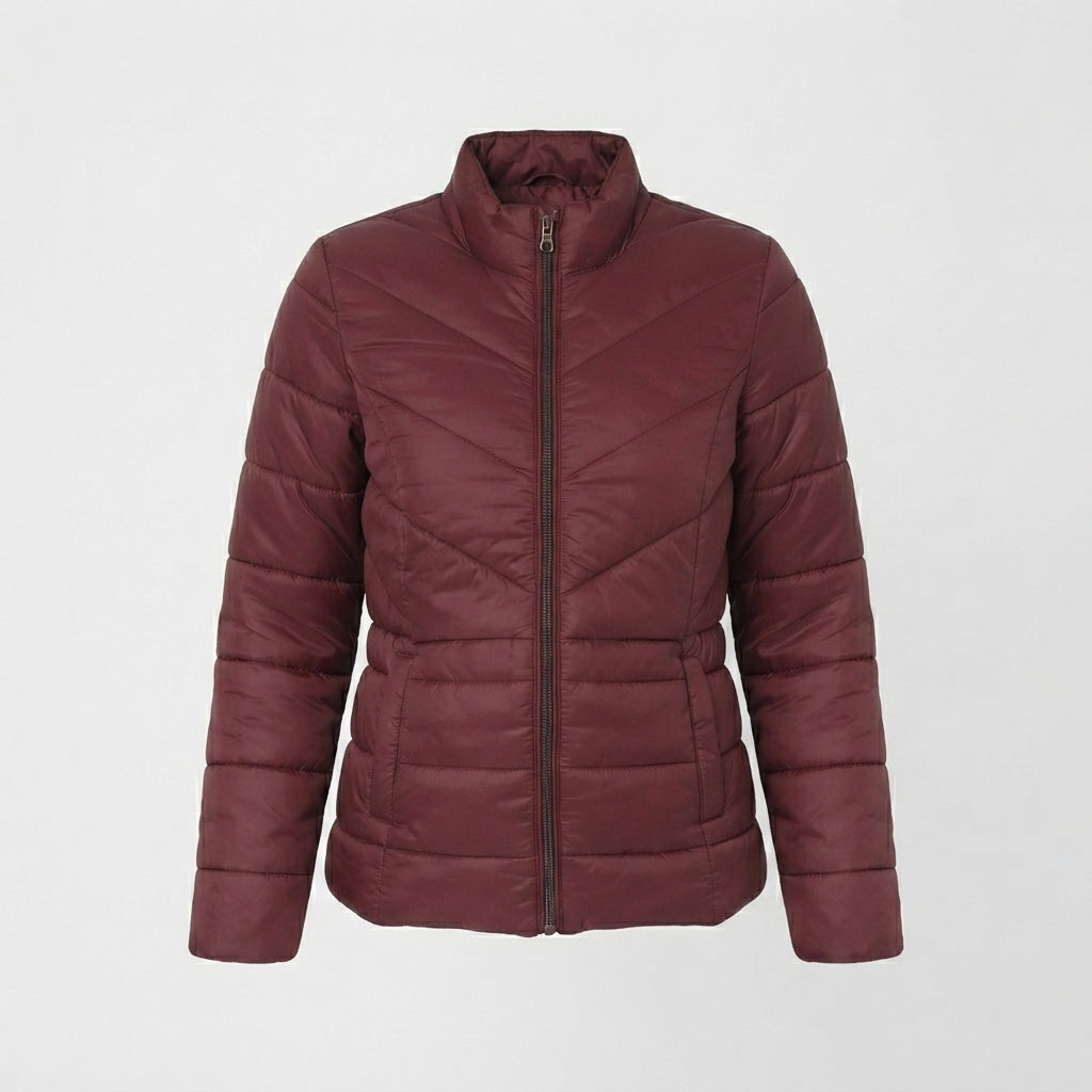 Women's Wine Red Quilted Leather Puffer Jacket