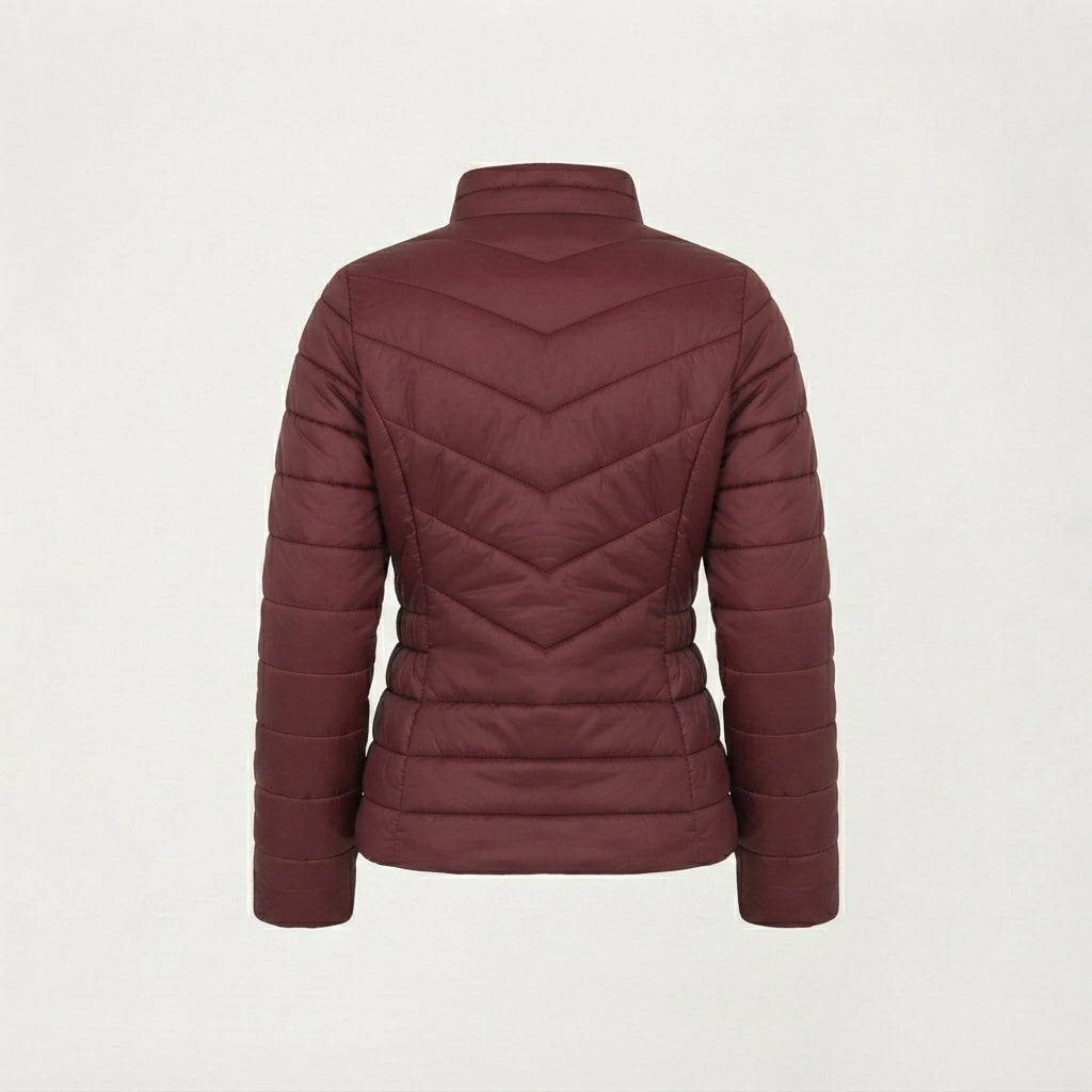Women's Wine Red Quilted Leather Puffer Jacket
