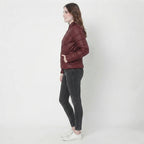 Women's Wine Red Quilted Leather Puffer Jacket