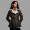 Women's Dark Brown Belted Shearling Jacket