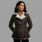 Women's Dark Brown Belted Shearling Jacket