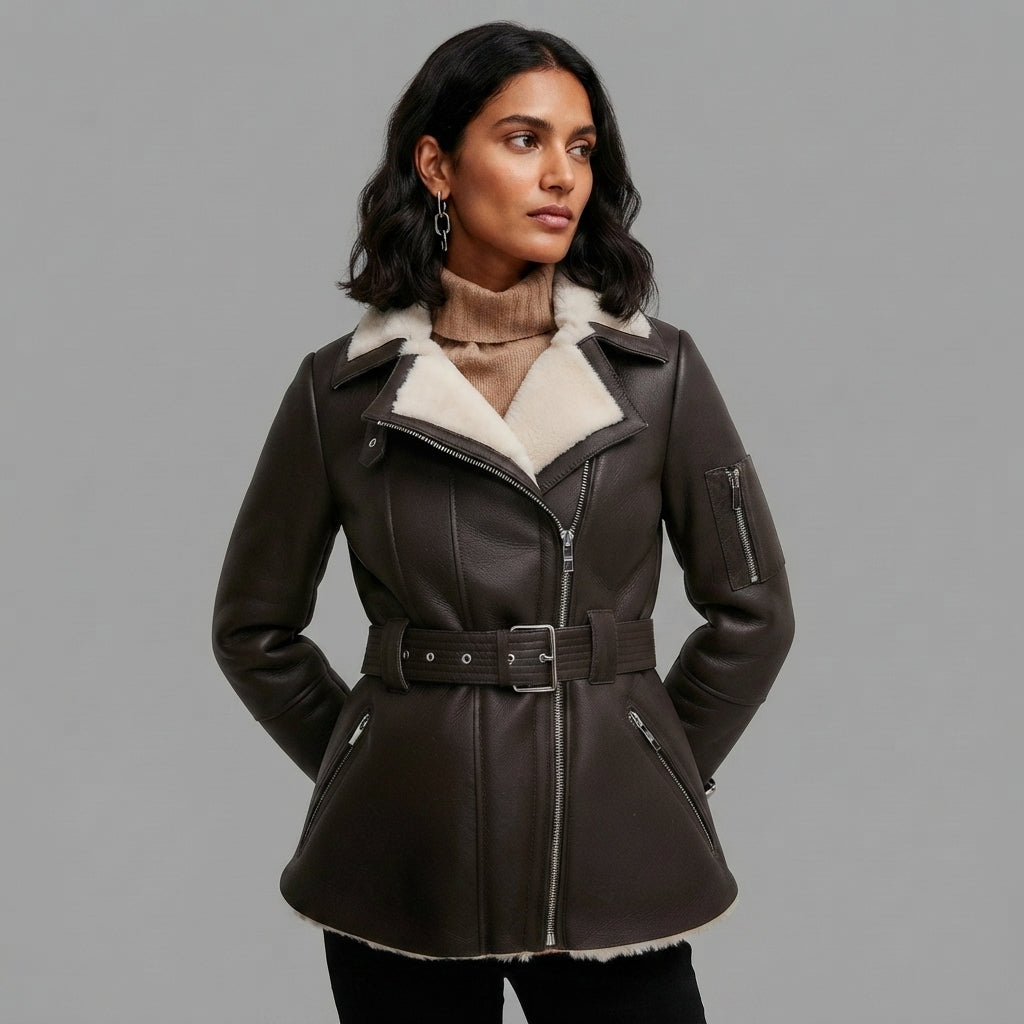 Women's Dark Brown Belted Shearling Jacket