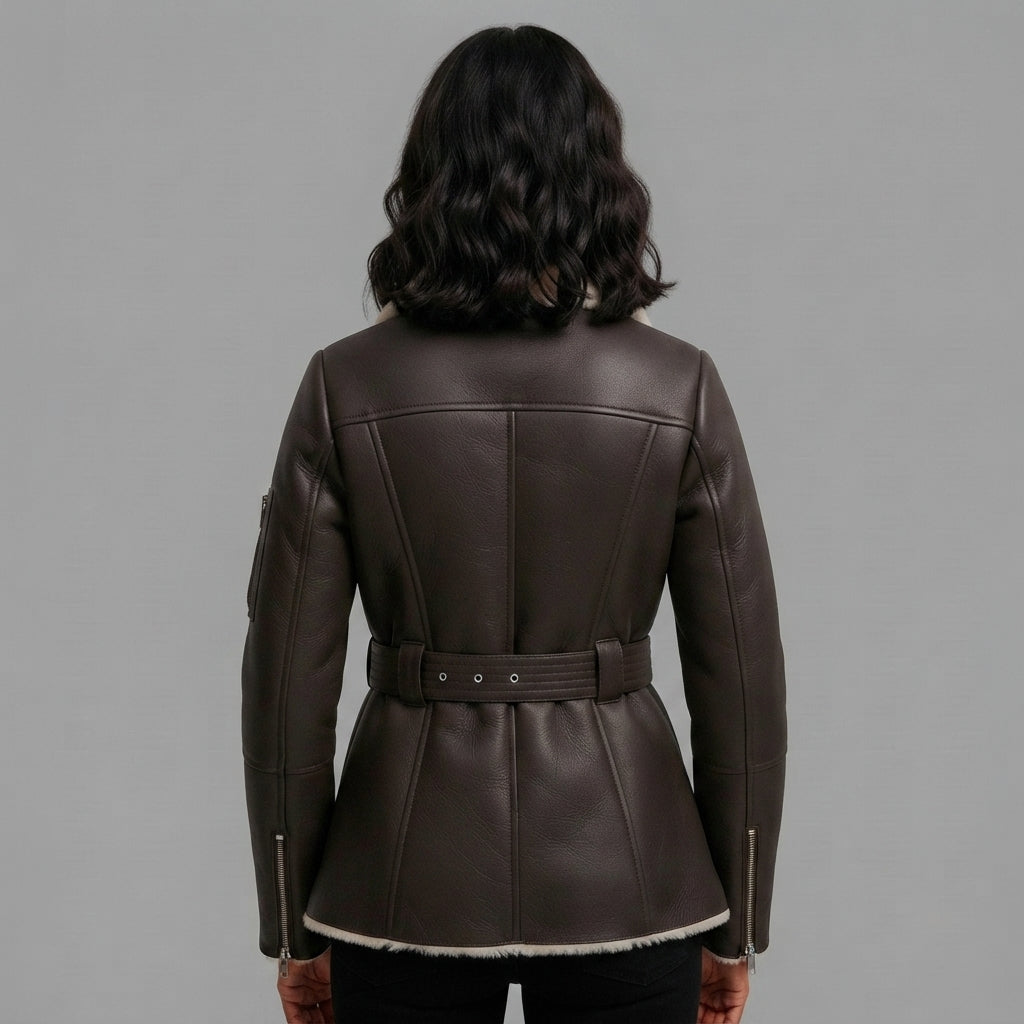 Women's Dark Brown Belted Shearling Jacket