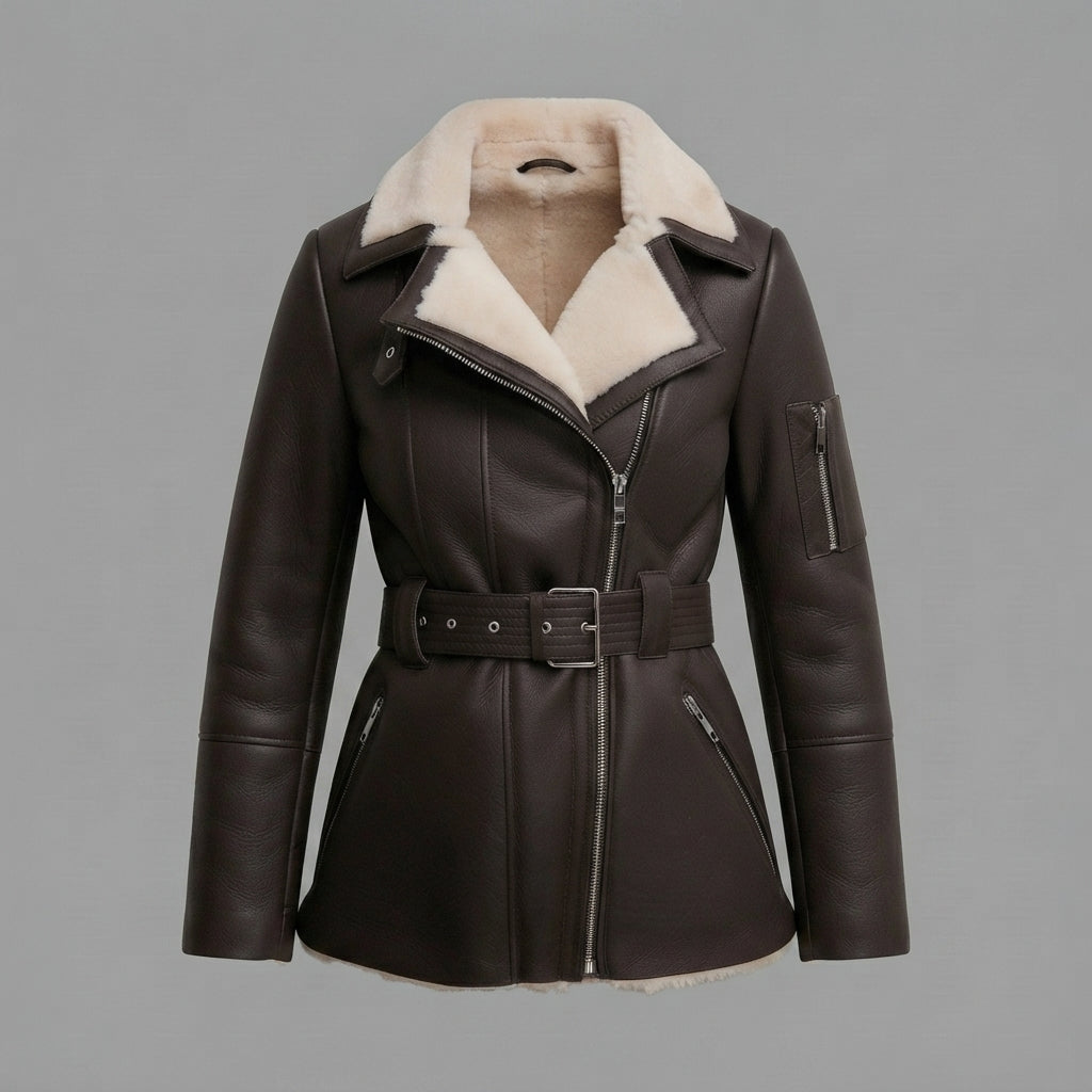 Women's Dark Brown Belted Shearling Jacket