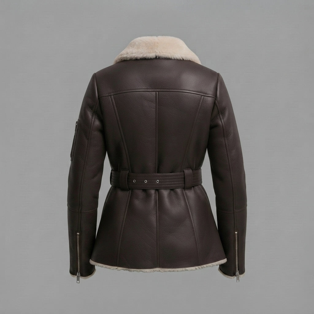 Women's Dark Brown Belted Shearling Jacket
