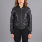 Women's Black Leather Aviator Bomber Jacket