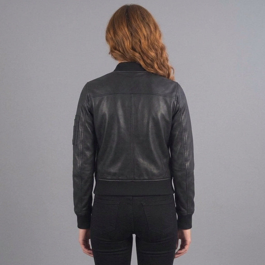 Women's Black Leather Aviator Bomber Jacket