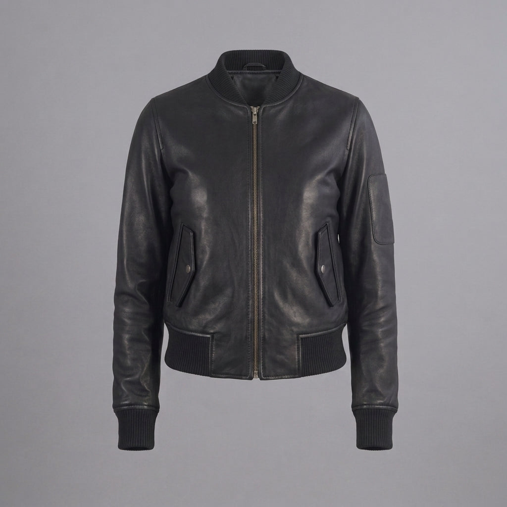 Women's Black Leather Aviator Bomber Jacket
