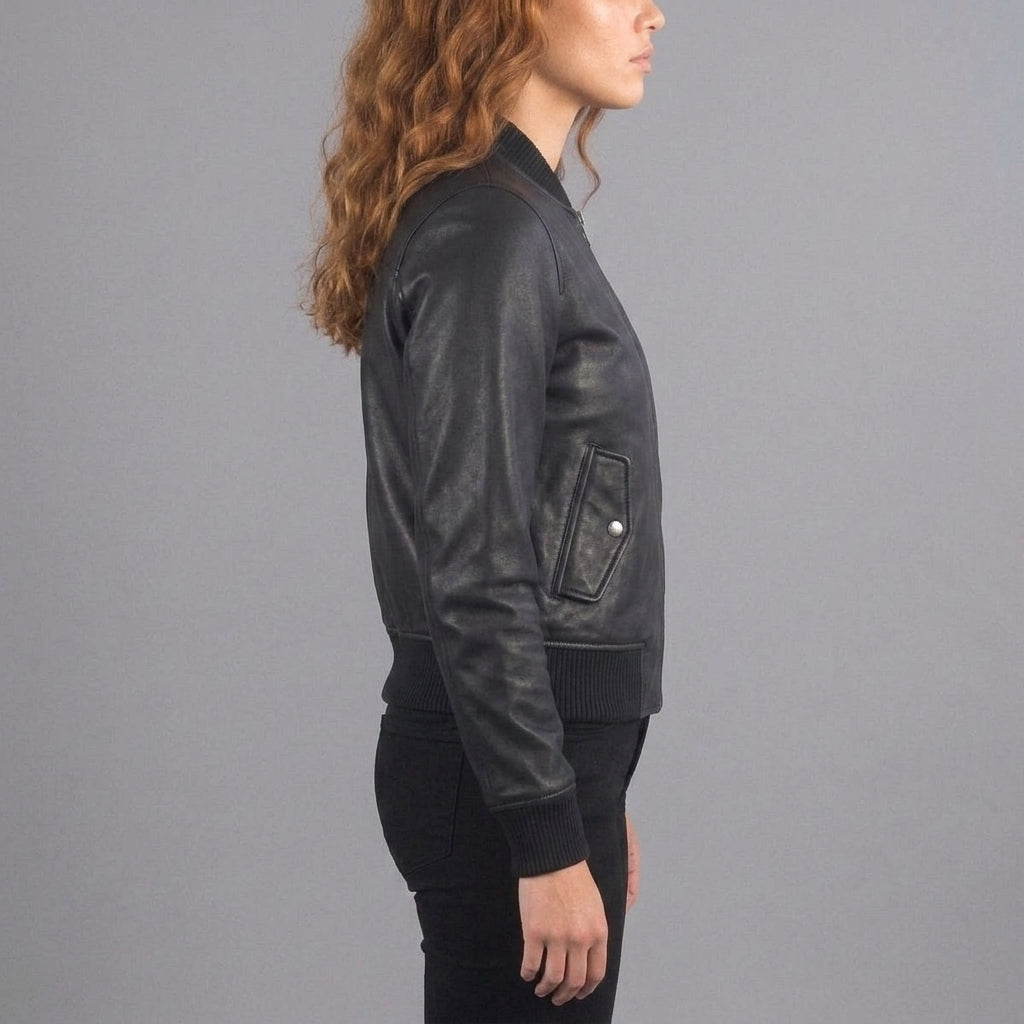 Women's Black Leather Aviator Bomber Jacket