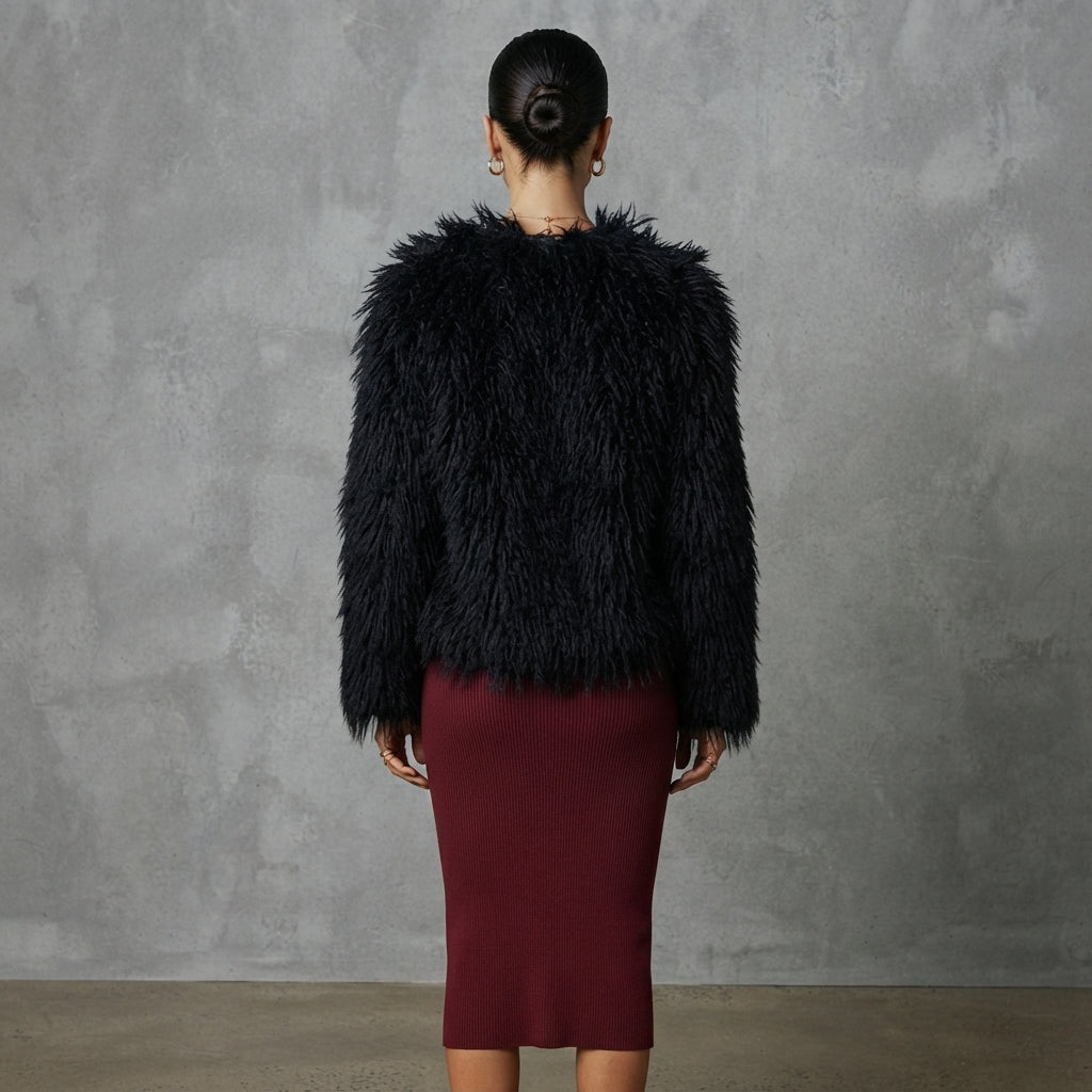 Women's Black Shaggy Fur Cropped Jacket