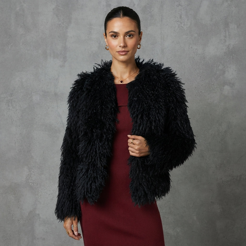 Women's Black Shaggy Fur Cropped Jacket