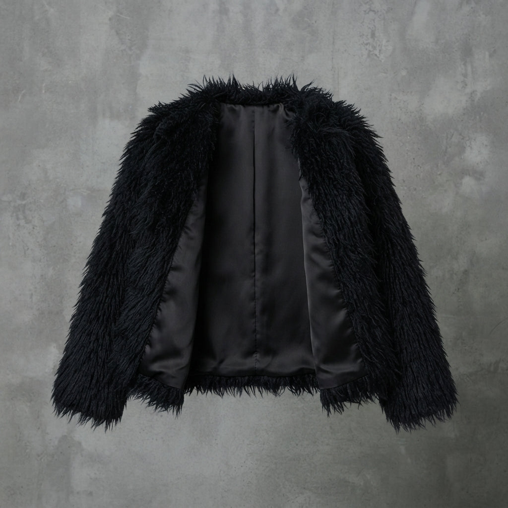 Women's Black Shaggy Fur Cropped Jacket