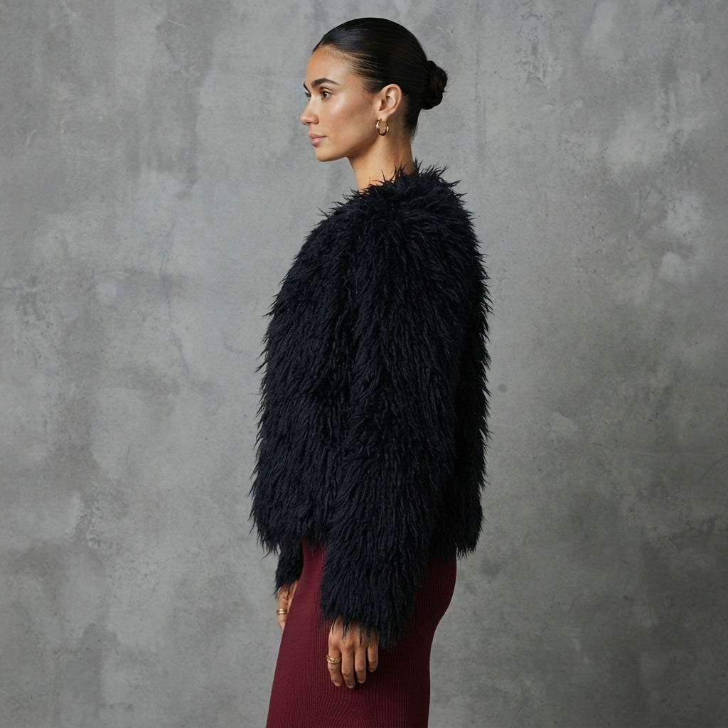 Women's Black Shaggy Fur Cropped Jacket
