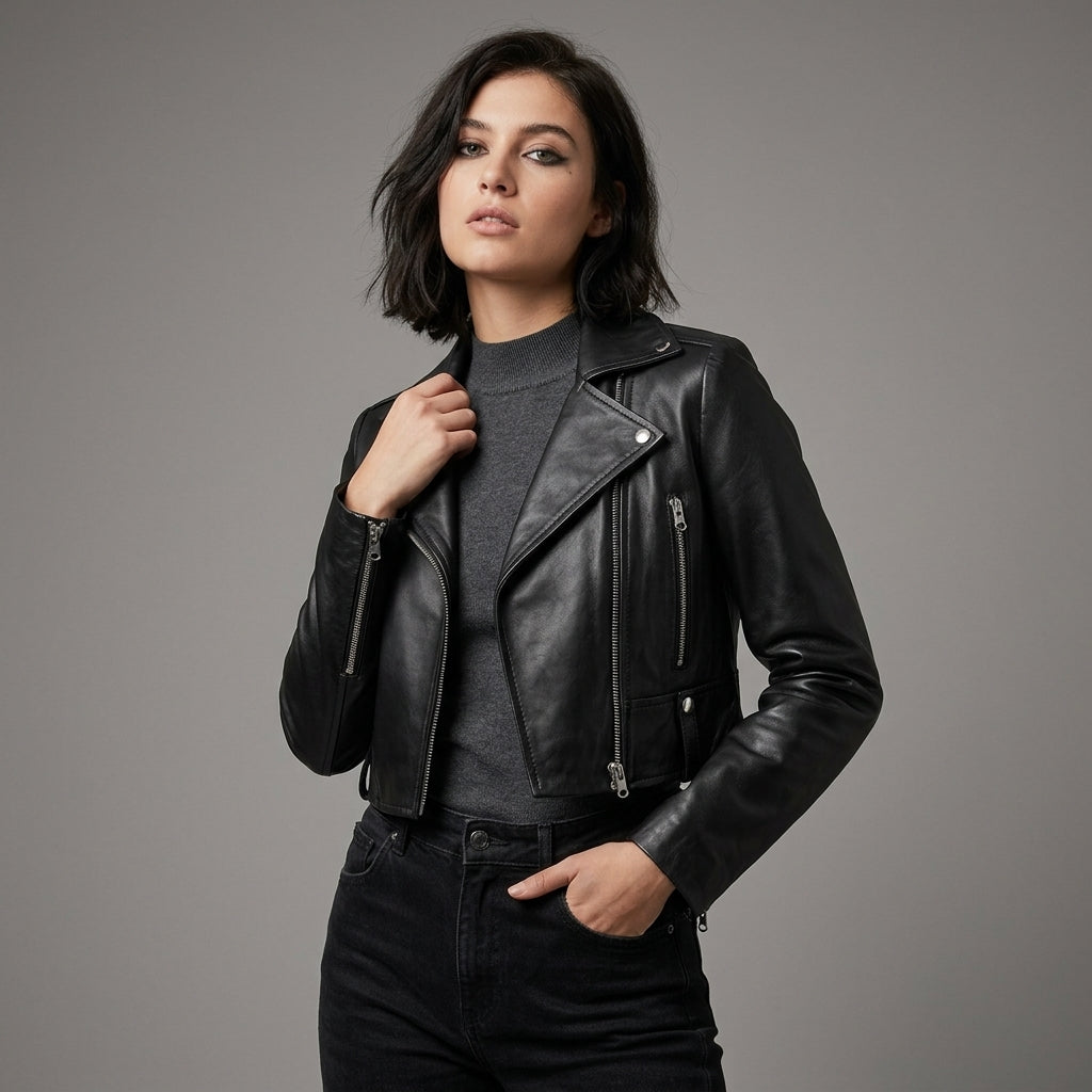Women's Black Cropped Leather Biker Jacket