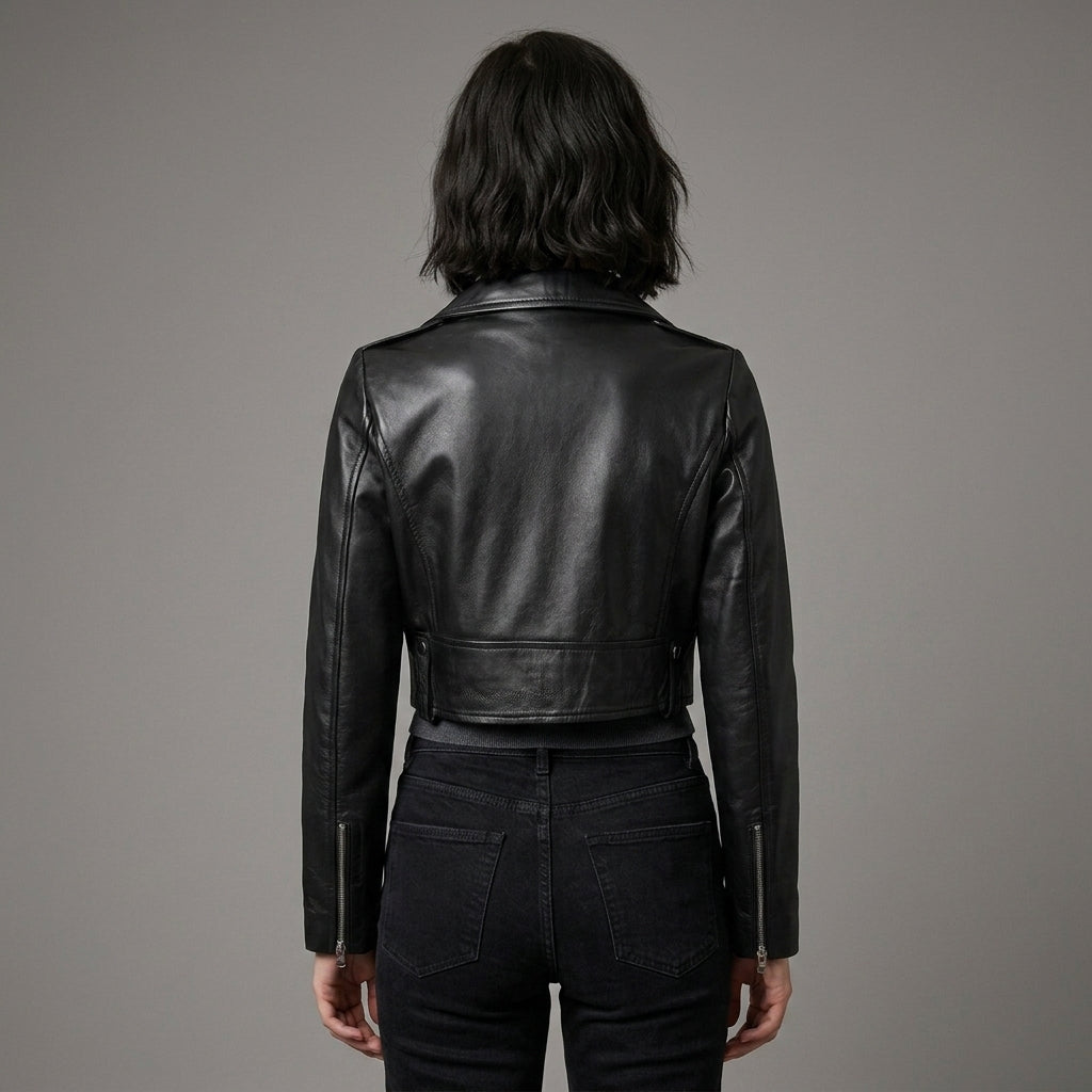 Women's Black Cropped Leather Biker Jacket