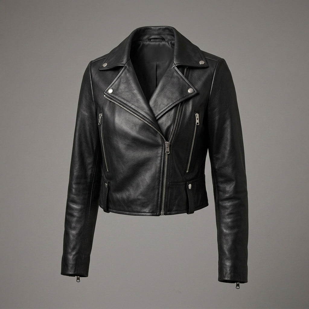 Women's Black Cropped Leather Biker Jacket