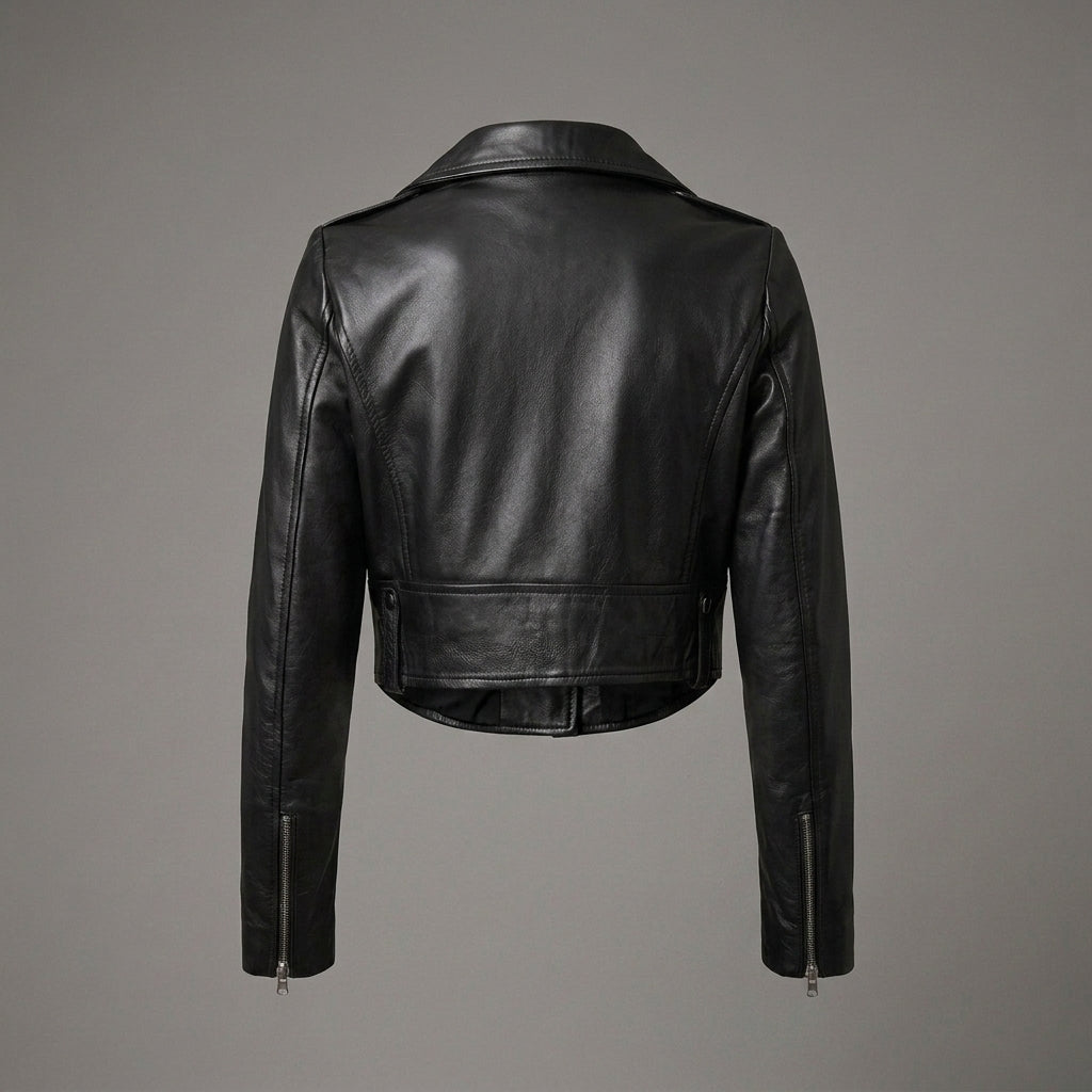 Women's Black Cropped Leather Biker Jacket