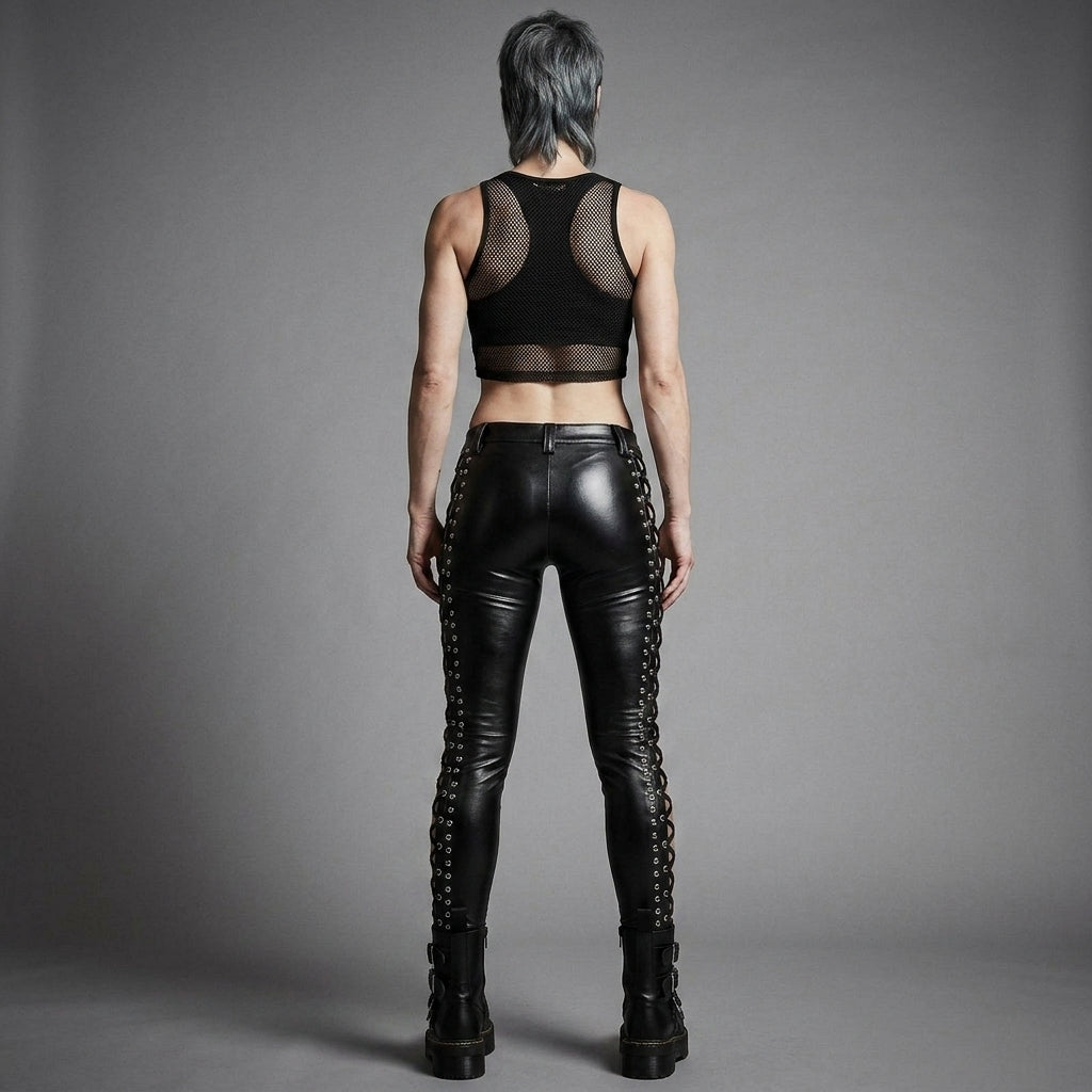 Women's Black Lace-Up Leather Pants