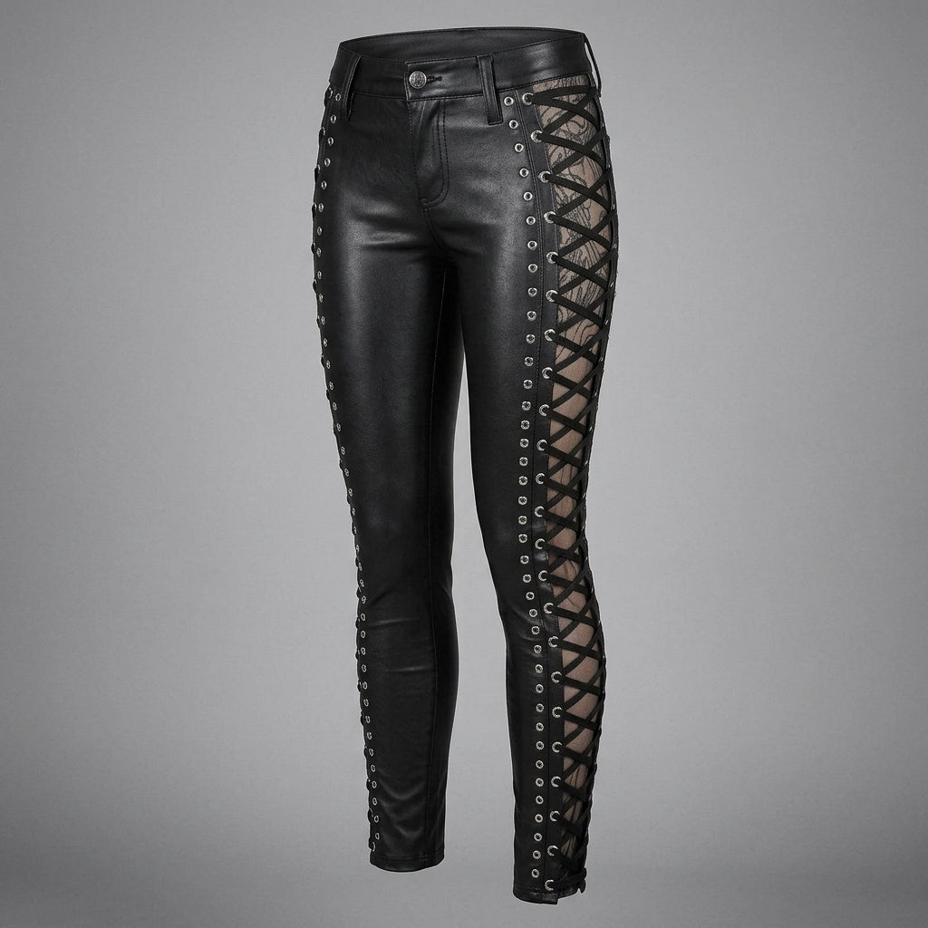 Women's Black Lace-Up Leather Pants