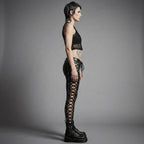 Women's Black Lace-Up Leather Pants