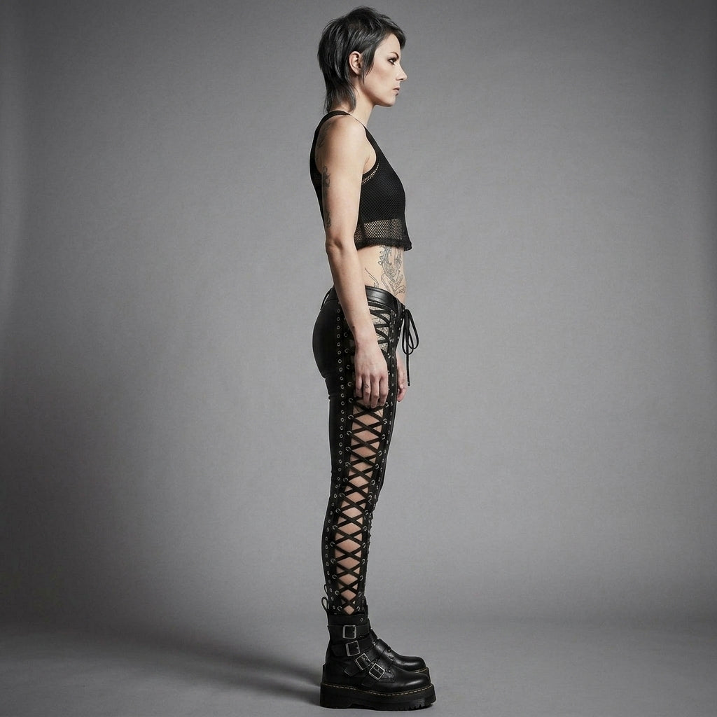 Women's Black Lace-Up Leather Pants