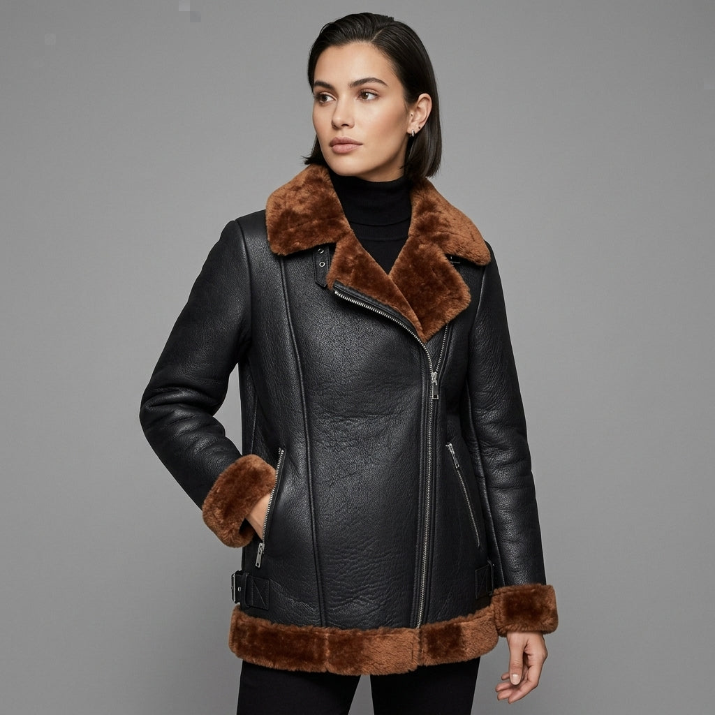 Women's Black Aviator Jacket with Brown Shearling Collar