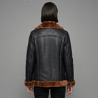 Women's Black Aviator Jacket with Brown Shearling Collar