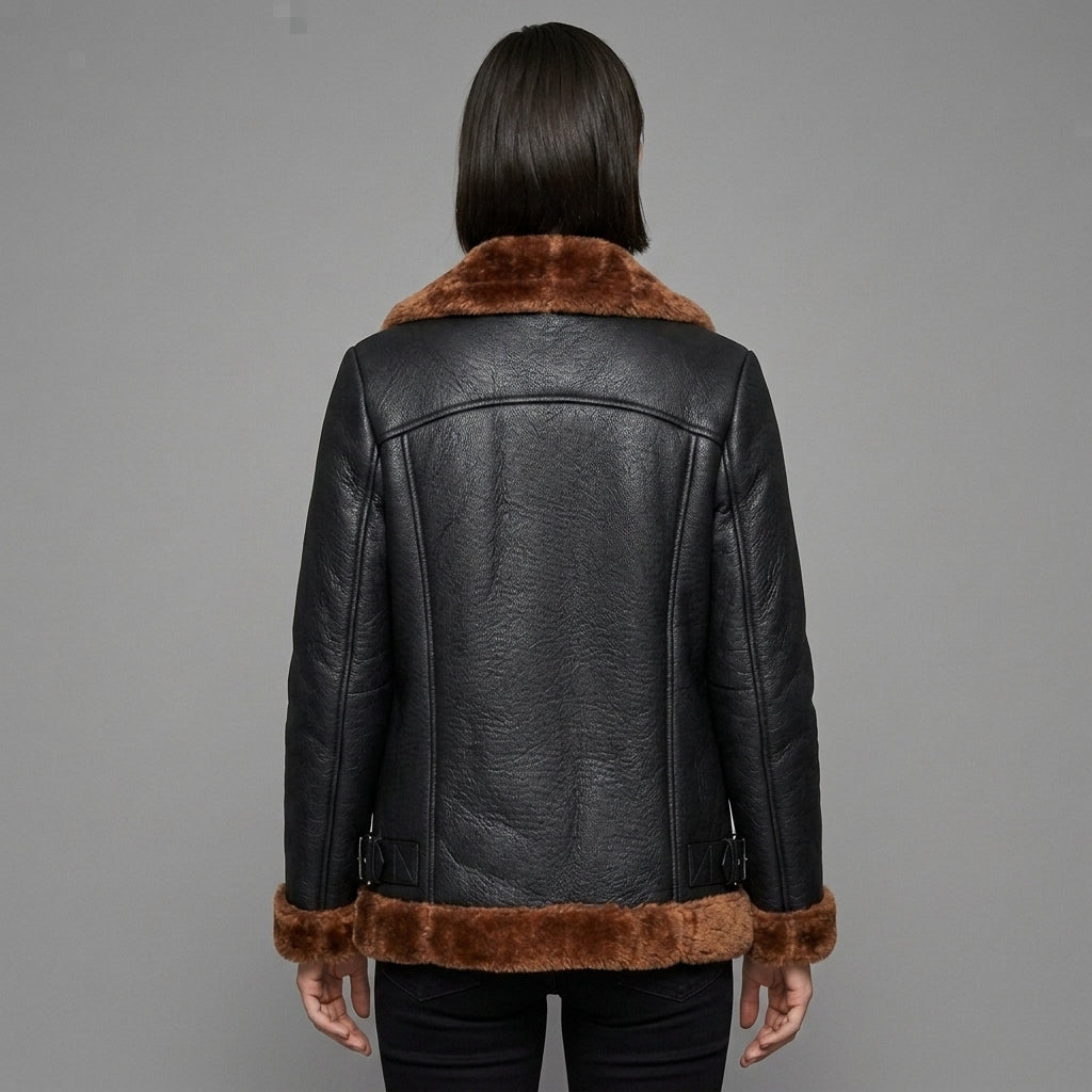 Women's Black Aviator Jacket with Brown Shearling Collar