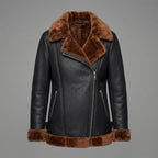 Women's Black Aviator Jacket with Brown Shearling Collar