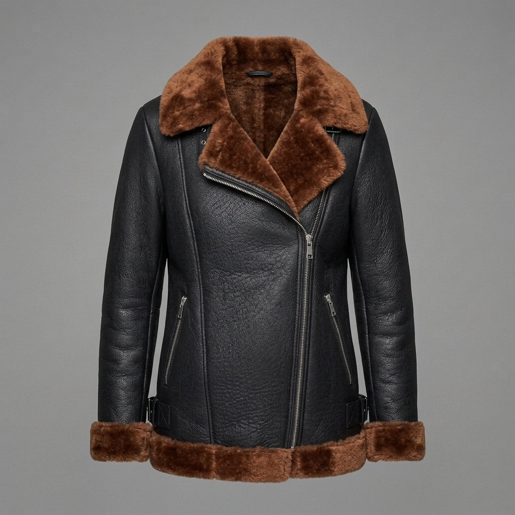 Women's Black Aviator Jacket with Brown Shearling Collar