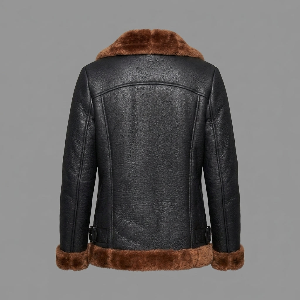 Women's Black Aviator Jacket with Brown Shearling Collar