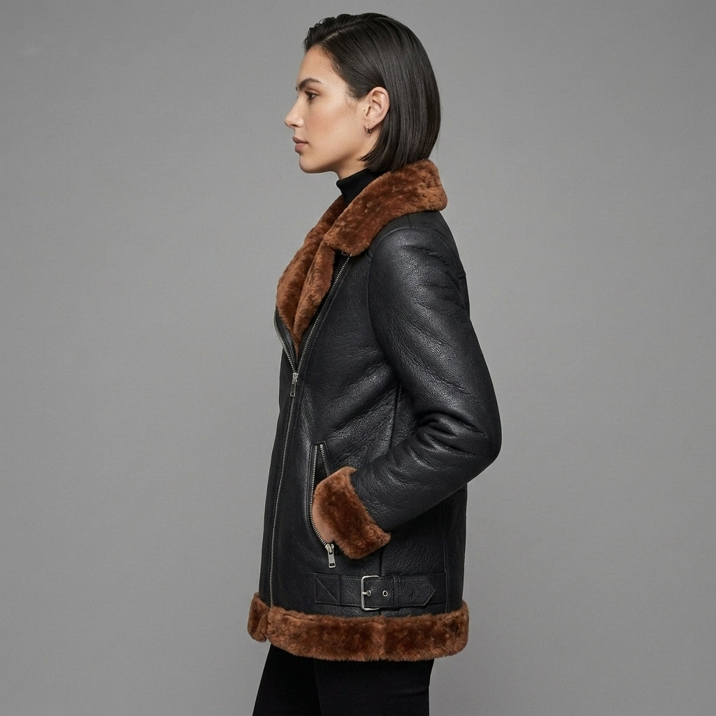Women's Black Aviator Jacket with Brown Shearling Collar
