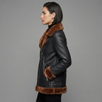 Women's Black Aviator Jacket with Brown Shearling Collar