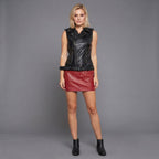 Women's Black Leather Belted Moto Vest