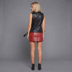 Women's Black Leather Belted Moto Vest