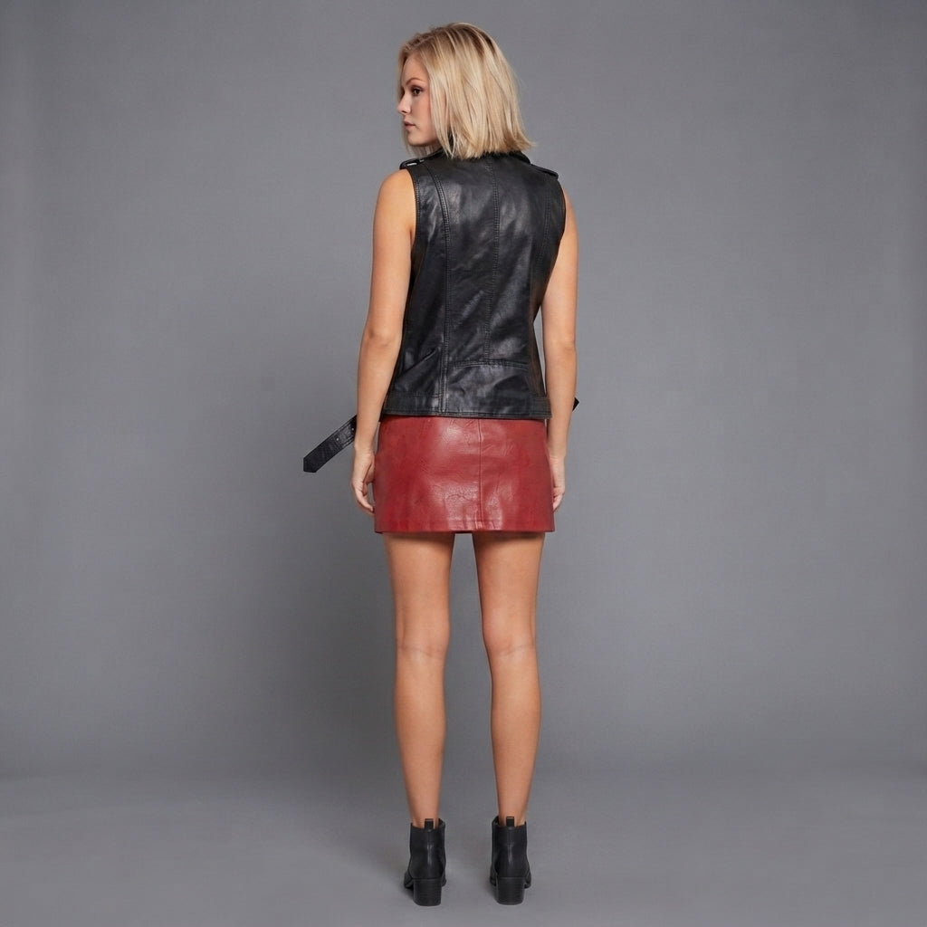 Women's Black Leather Belted Moto Vest