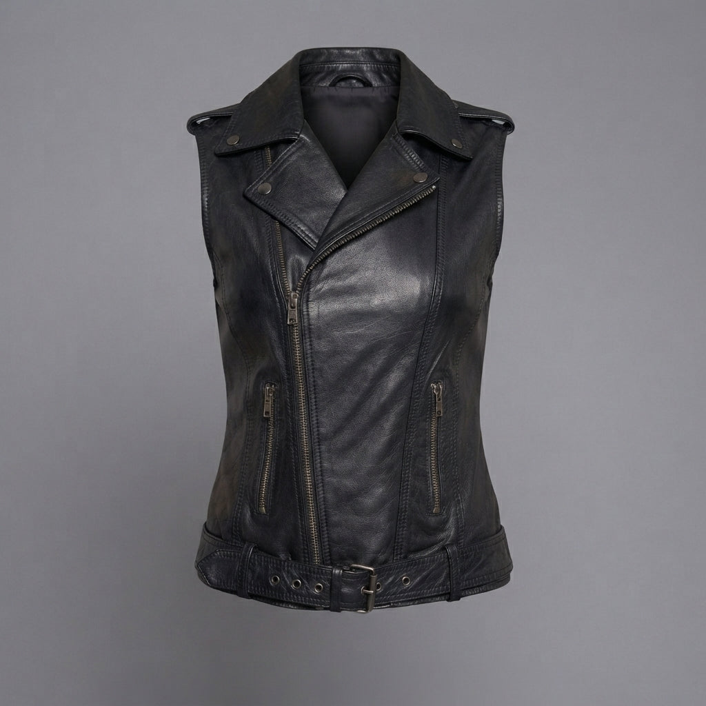 Women's Black Leather Belted Moto Vest