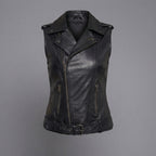 Women's Black Leather Belted Moto Vest