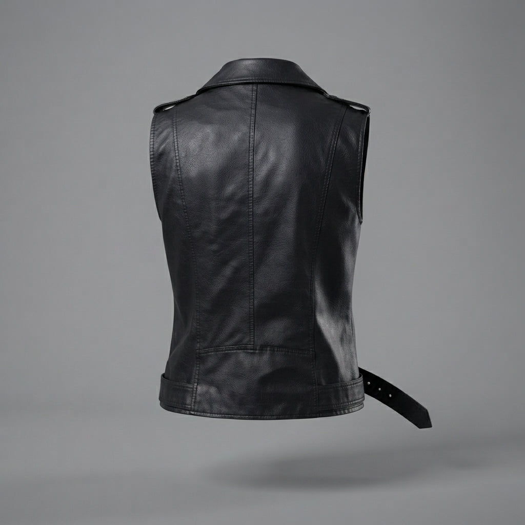 Women's Black Leather Belted Moto Vest