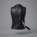 Women's Black Leather Belted Moto Vest