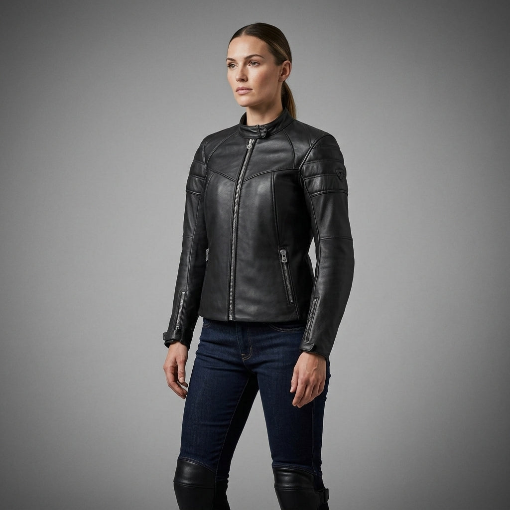 Women's Black Leather Biker Jacket with Quilted Shoulders
