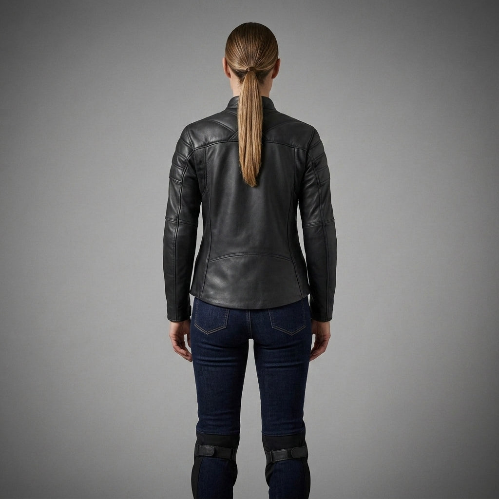 Women's Black Leather Biker Jacket with Quilted Shoulders