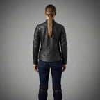 Women's Black Leather Biker Jacket with Quilted Shoulders